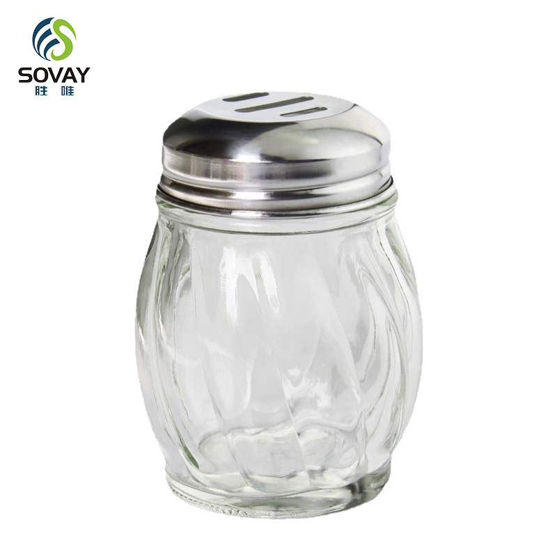 SG57N 6 Ounce Rippled Glass Spice Salt and Pepper Cheese Swirl Shaker with Perforated Top Stainless Steel Lid Restaurant Shakers