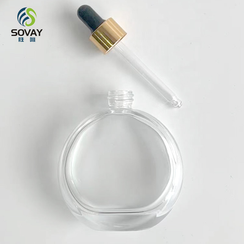 SE47 50ml 60ml Flat Round Oblate Clear Thick Bottom Glass Oil Serum Dropper Bottle for Essential Oil