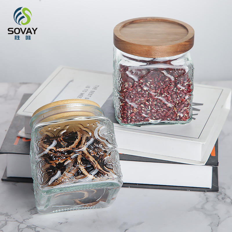 SG44N 500ml 750ml 1000ml Vintage Glass Canister Storage Jar with Seal Wooden Lid Retro Design for Household Dried Fruit Snacks Glass Storage Jars