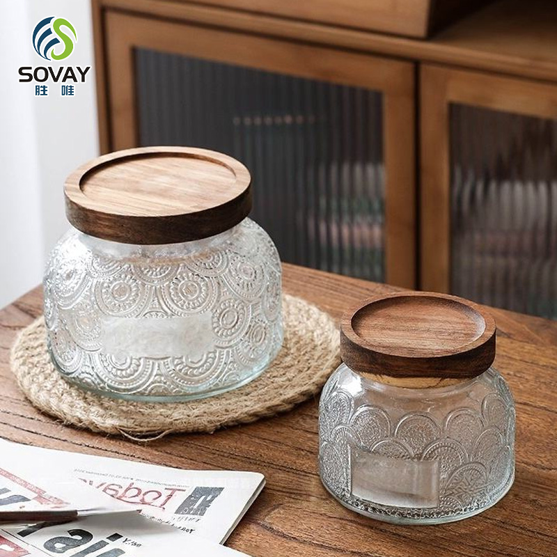 SG60N High Borosilicate Carved Glass Storage Jar Custom Kitchen Logo/Label Candy Tank Sealed Wooden Lid Jiangsu Food Grade