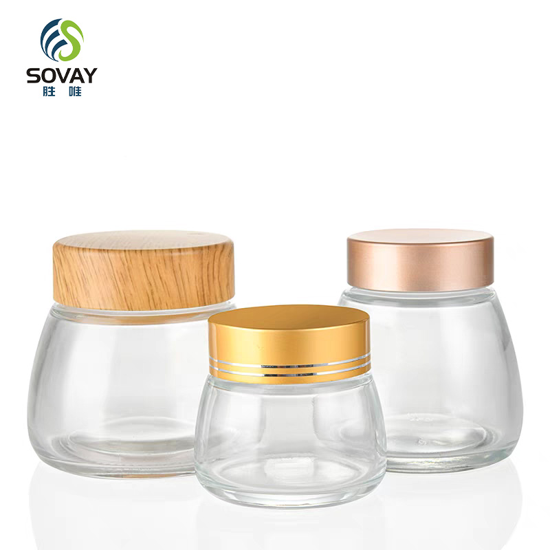 SG43N Custom Acacia Wood Lid Wide Mouth Clear Borosilicate Glass Jar with Thread Lid