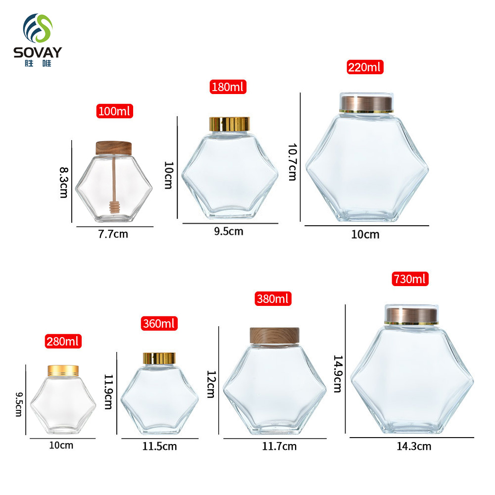 SG10N Wholesale Honey Jar Glass Hexagon Shape Honey Jar Glass with Wooden Dipper and Cork Lid Cover Honey Syrup Storage