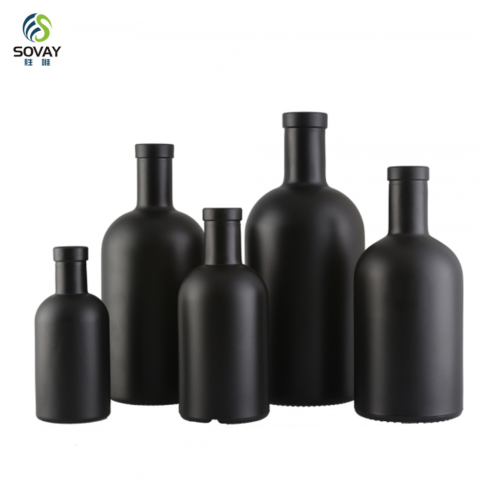 SW139N Hot Sale 100ml 250ml 375ml 500ml 750ml 1000ml Empty Matt Black Glass Liquor Vodlka Olive Oil Bottle with Cork Stopper Screen Printed