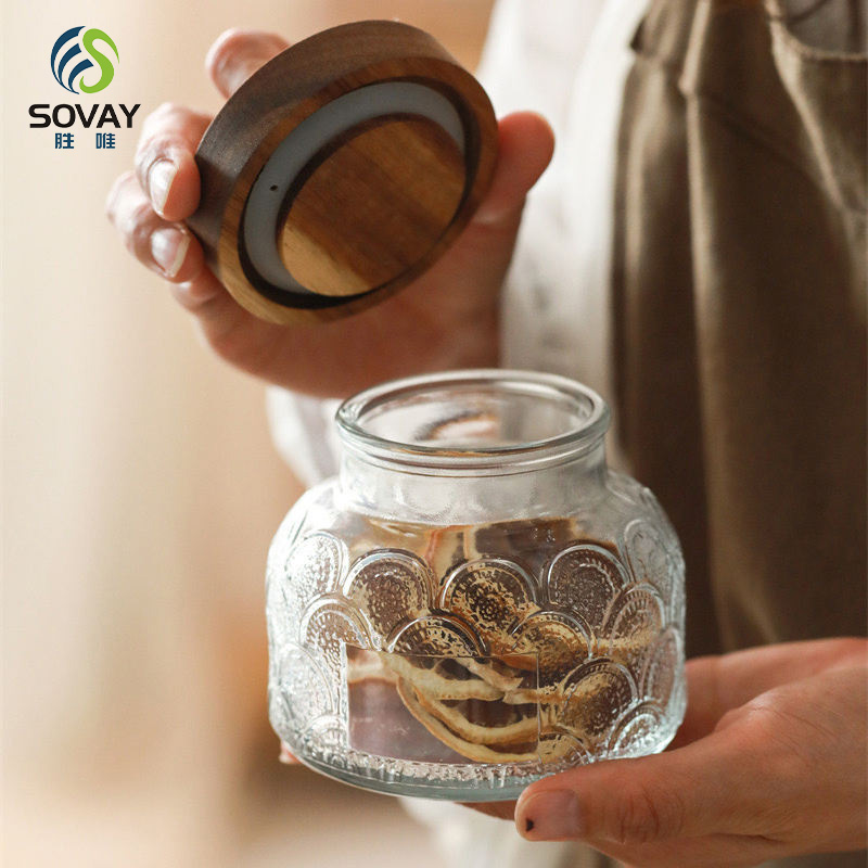 SG60N High Borosilicate Carved Glass Storage Jar Custom Kitchen Logo/Label Candy Tank Sealed Wooden Lid Jiangsu Food Grade