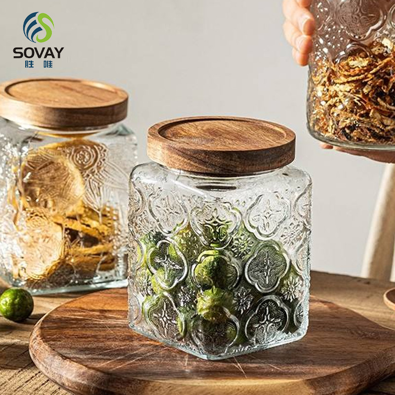 SG44N 500ml 750ml 1000ml Vintage Glass Canister Storage Jar with Seal Wooden Lid Retro Design for Household Dried Fruit Snacks Glass Storage Jars