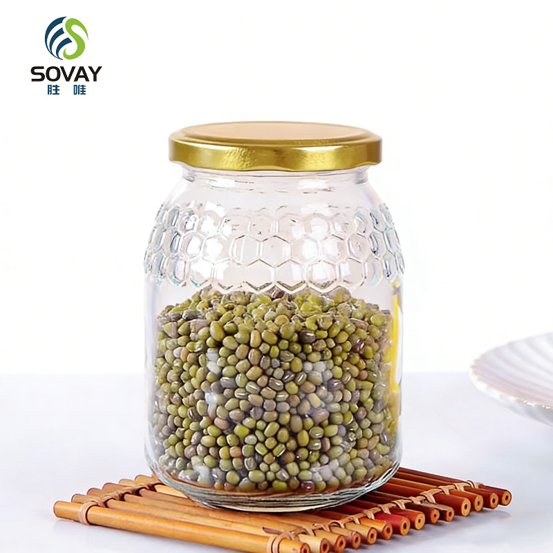 SG52 New Design 650ml 760ml Honeycomb Shape Glass Jar with Lug Cap for Honey Pickle Jam Sauce