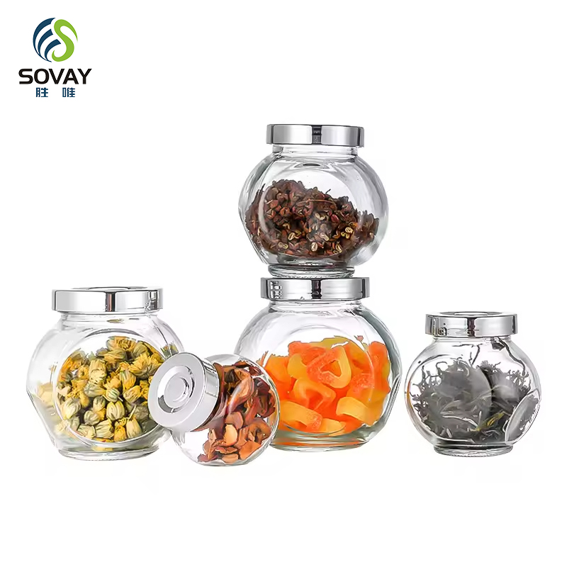 SG07 50ml 100ml 180ml 280ml 380ml 480ml 750ml Round Flat Drum Candy Food Jam Spice Herb Glass Jar with Plastic Lids
