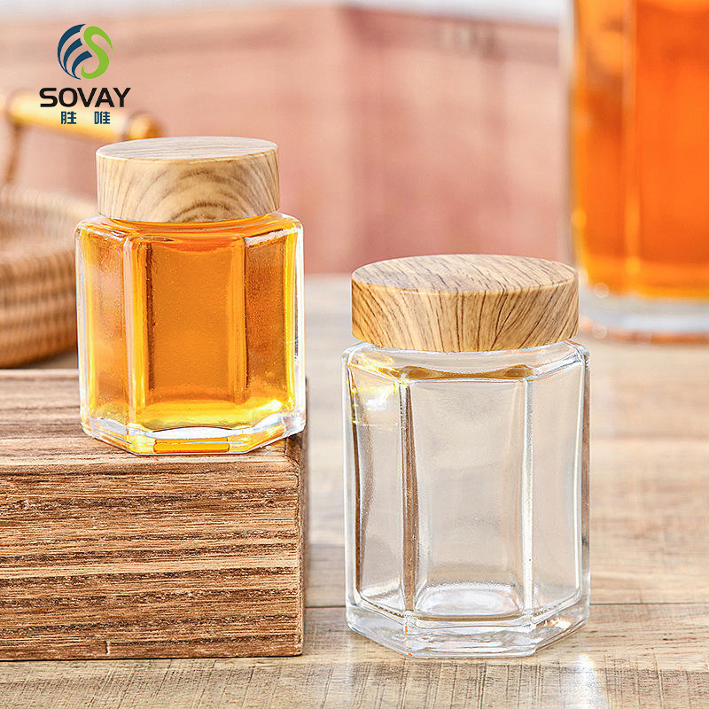 SG09 Ru Star Factory Direct Sales 50ml 180ml 280ml 360ml Empty Transparent Hexagonal Glass Jam Honey Jars with Wooden Lid