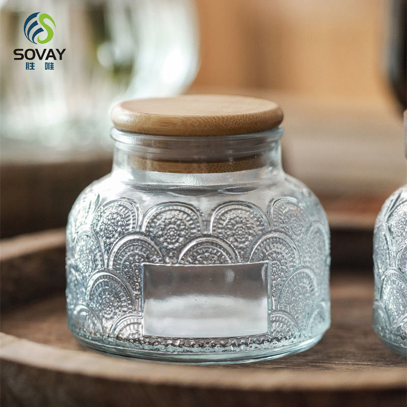 SG60N High Borosilicate Carved Glass Storage Jar Custom Kitchen Logo/Label Candy Tank Sealed Wooden Lid Jiangsu Food Grade
