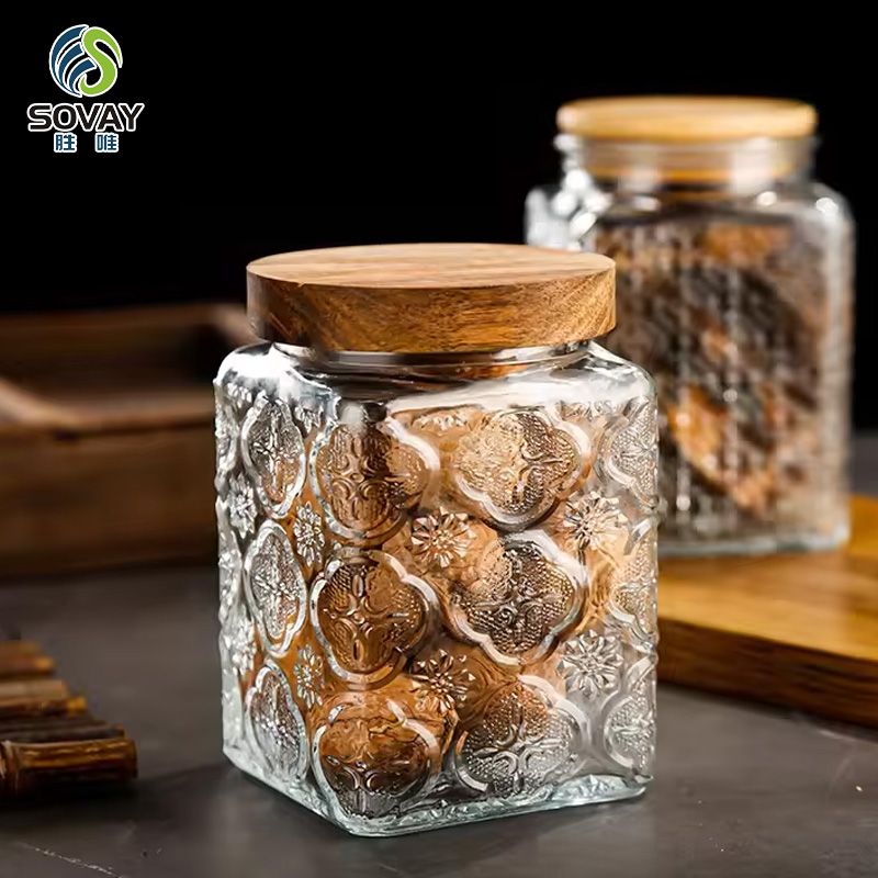 SG44N 500ml 750ml 1000ml Vintage Glass Canister Storage Jar with Seal Wooden Lid Retro Design for Household Dried Fruit Snacks Glass Storage Jars