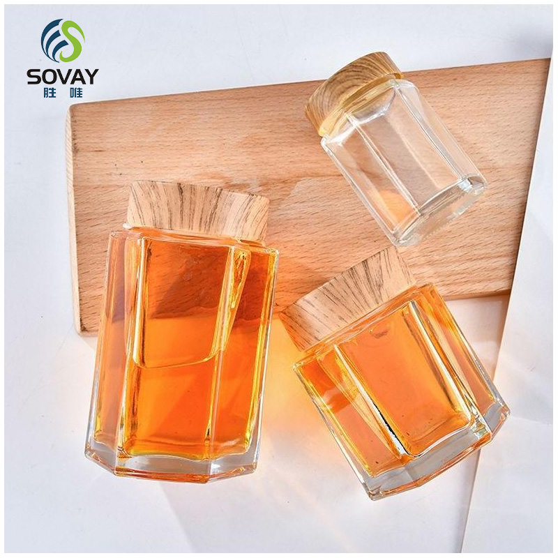 SG09 Ru Star Factory Direct Sales 50ml 180ml 280ml 360ml Empty Transparent Hexagonal Glass Jam Honey Jars with Wooden Lid