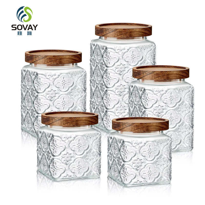 SG44N 500ml 750ml 1000ml Vintage Glass Canister Storage Jar with Seal Wooden Lid Retro Design for Household Dried Fruit Snacks Glass Storage Jars