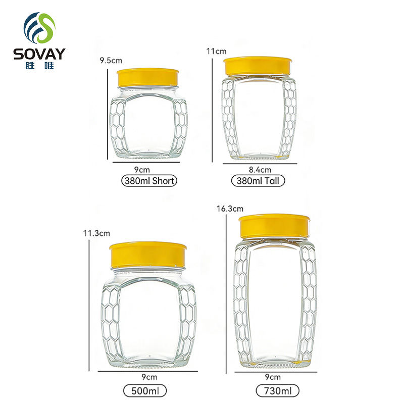 SG56N Wholesale Hexagonal Empty Glass Honey Jar New Popular Honeycomb Honey Jar with Screw Cap 380ml 500ml 730ml