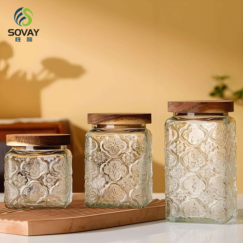 SG44N 500ml 750ml 1000ml Vintage Glass Canister Storage Jar with Seal Wooden Lid Retro Design for Household Dried Fruit Snacks Glass Storage Jars