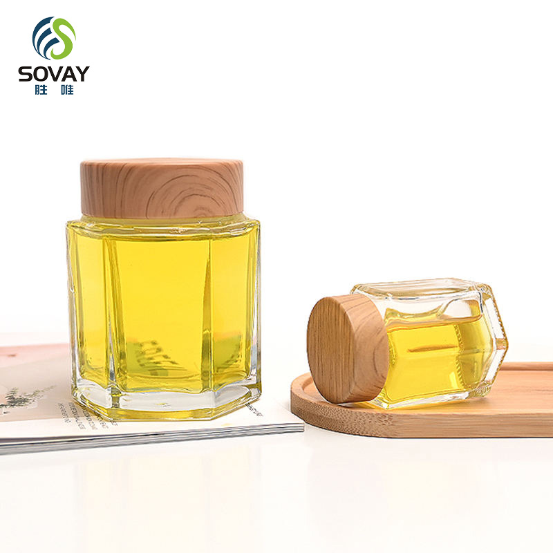 SG09 Ru Star Factory Direct Sales 50ml 180ml 280ml 360ml Empty Transparent Hexagonal Glass Jam Honey Jars with Wooden Lid