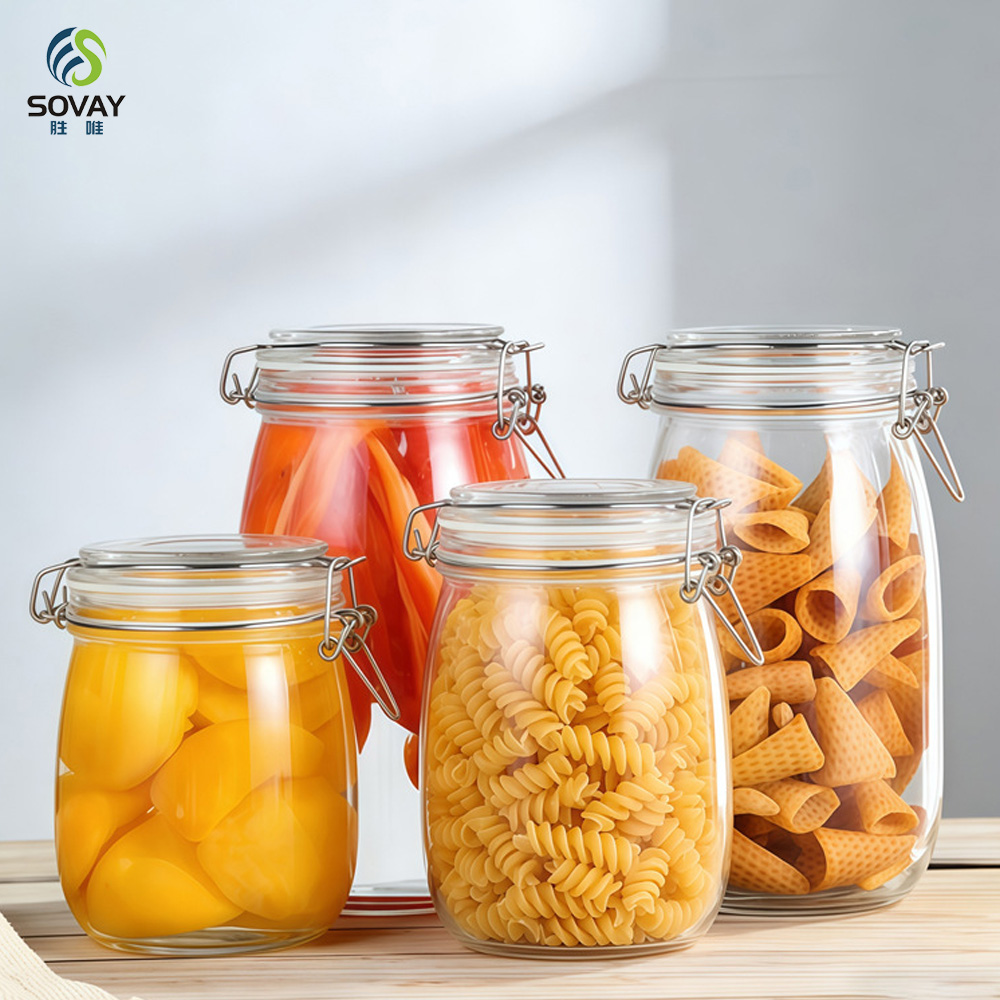 SG06 Jam Jar Airtight Glass with Stainless Steel Clip 125ml 280ml 380ml 500ml 750ml 1000ml 1500ml 2000ml 3000ml Storage Bottles & Jars Cover