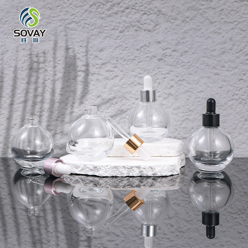 SE48N Luxury 10ml 20ml 30ml 50ml Clear Round Essential Oil Glass Dropper Bottle Serum Bottle with Gold Silver Collar Dropper Cap