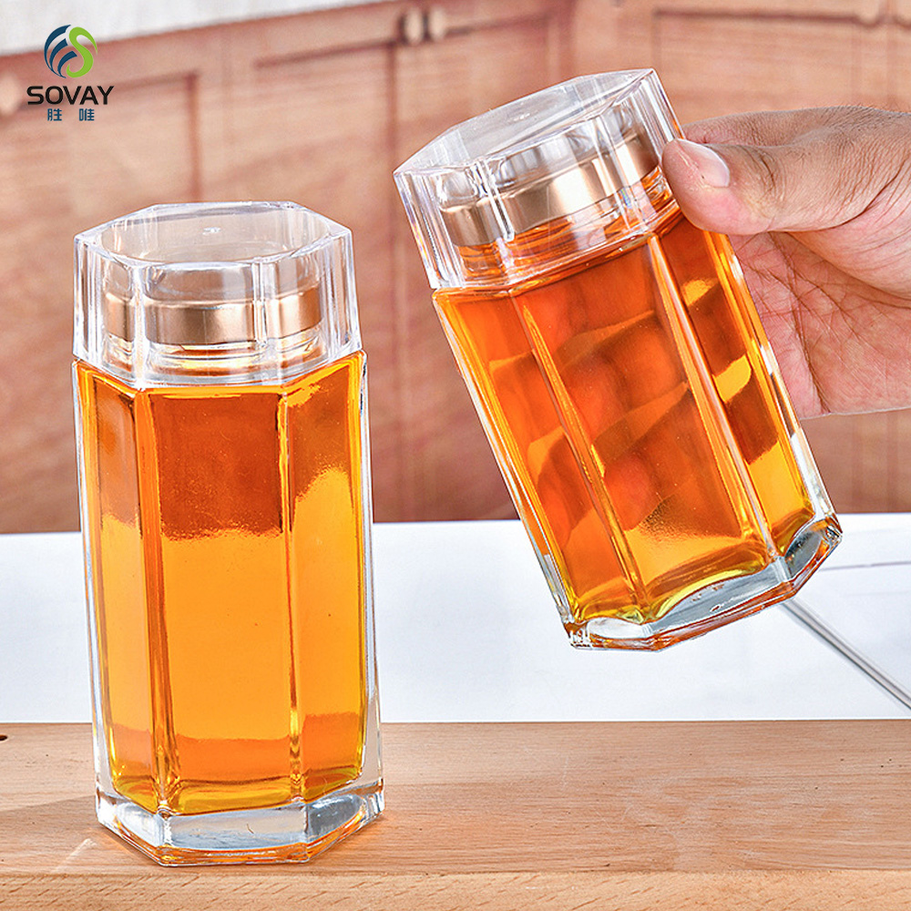 SG09 Wholesale Frost-Handled Bird's Nest Bottle Hexagonal Saffron Storage Jar Honey Glass Metal Cover Screw Cap Flat