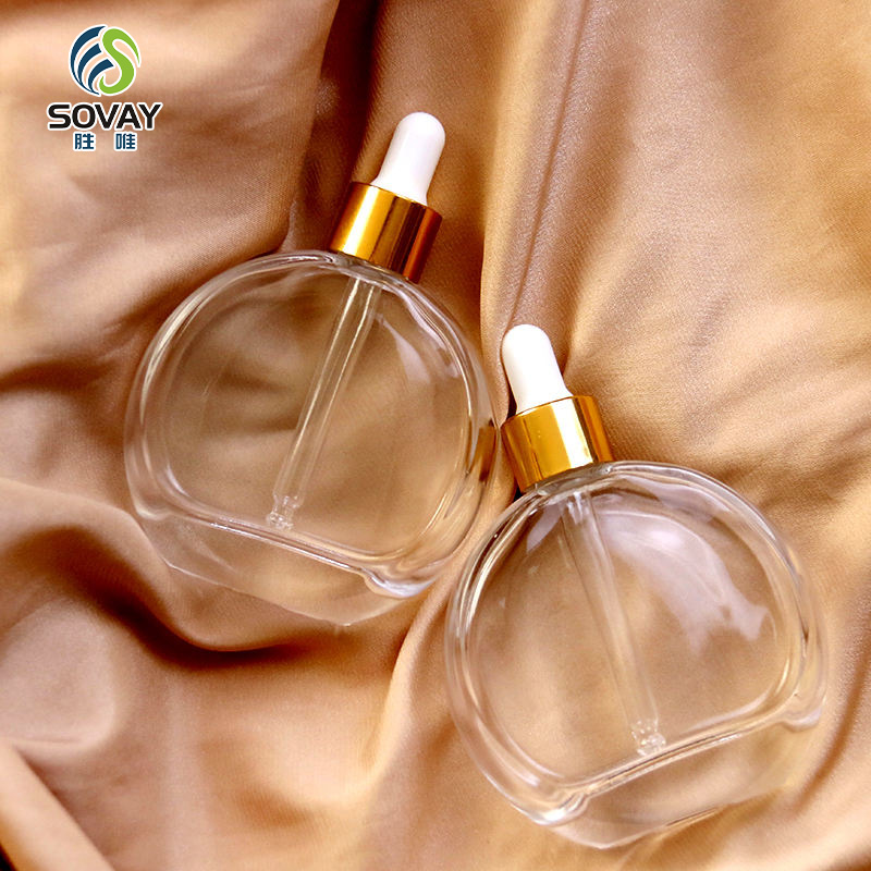 SE47 50ml 60ml Flat Round Oblate Clear Thick Bottom Glass Oil Serum Dropper Bottle for Essential Oil