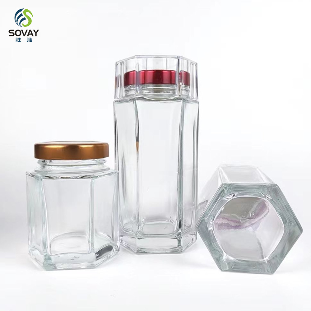 SG09 Wholesale Frost-Handled Bird's Nest Bottle Hexagonal Saffron Storage Jar Honey Glass Metal Cover Screw Cap Flat