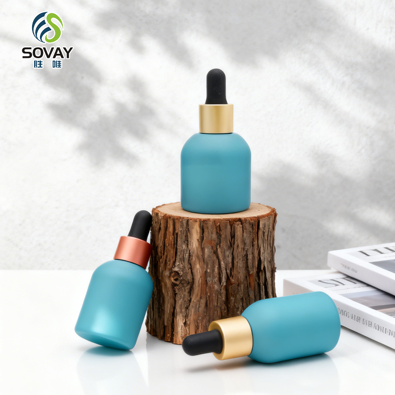 SE41N Custom Label Cylinder Blue Essential Oil Bottle 30ml Empty Spray Perfume Oil Bottle Glass with OEM Lids