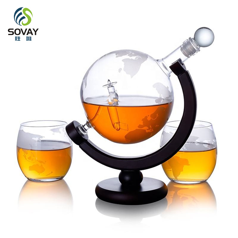 SA02N 930ml Whiskey Decanter Spherical Set with 2 Carved Whiskey Glasses, Suitable for Whiskey, Rum, Tequila, Vodka Gifts