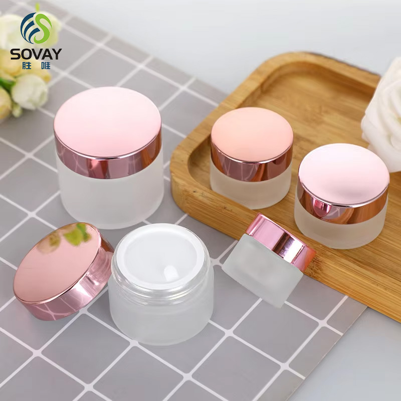 SC08 Luxury Custom 5g 10g 15g 20g 30g 50g 60g 100g Unique Gold Electroplated Lid Frosted Clear Glass Jar Serum Cream Body Scrub Glass Cosmetic Jar
