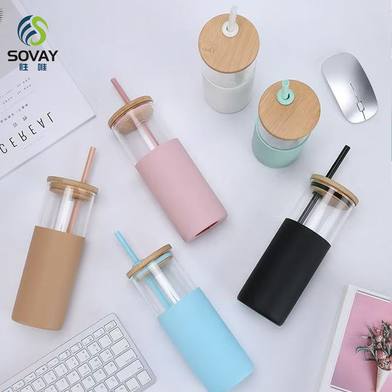 SS03N Top Selling 480ml 500ml BPA Free Straw Cup Silicone Protective Sleeve Glass Cup Glass Tumbler with Bamboo Lid Reusable Straws