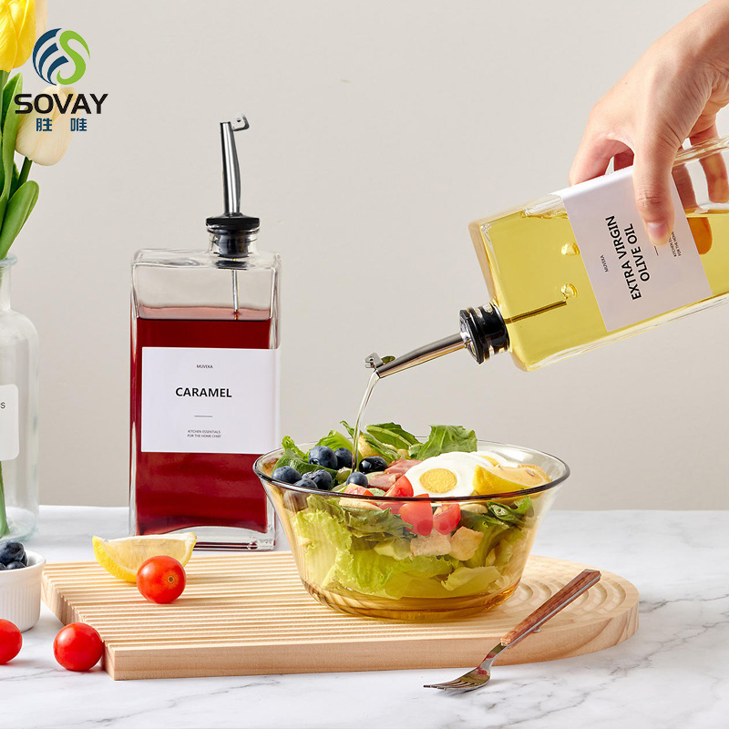 SO09N Clear Square Glass Syrup Dispenser Bottles 350ml 500ml Easy Pour Spout Plastic Cap Free Empty for Olive Oil Syrup