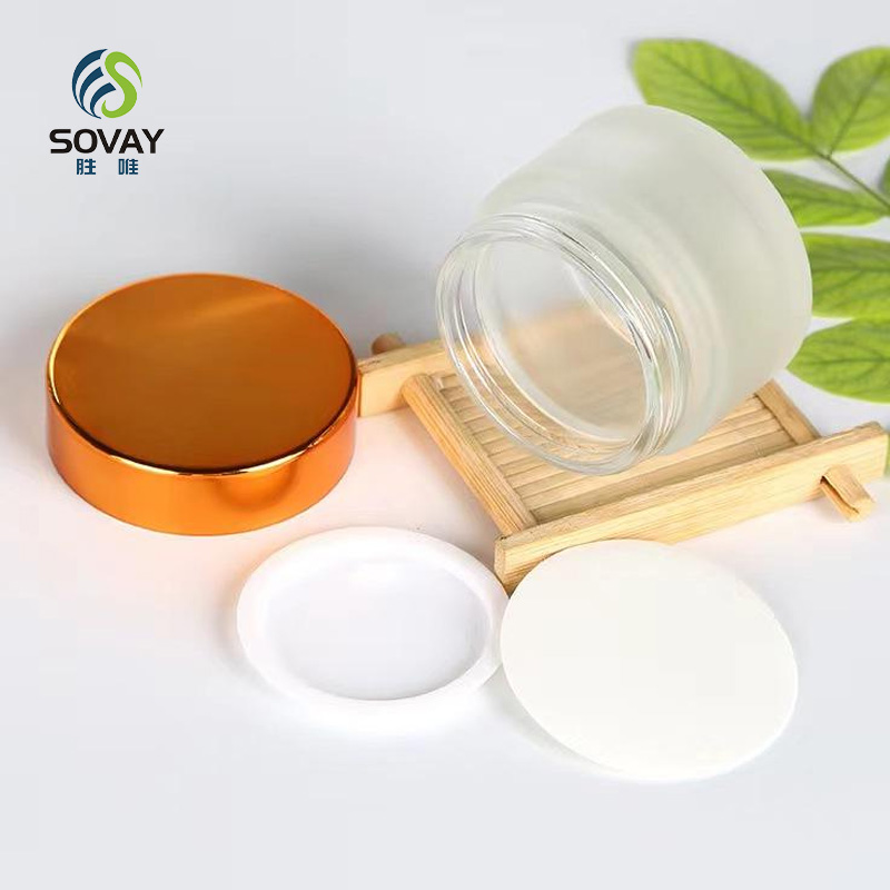 SC08 Luxury Custom 5g 10g 15g 20g 30g 50g 60g 100g Unique Gold Electroplated Lid Frosted Clear Glass Jar Serum Cream Body Scrub Glass Cosmetic Jar