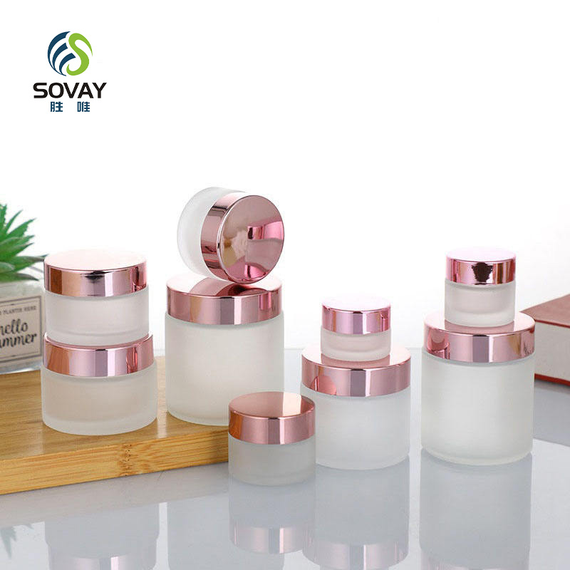 SC08 Luxury Custom 5g 10g 15g 20g 30g 50g 60g 100g Unique Gold Electroplated Lid Frosted Clear Glass Jar Serum Cream Body Scrub Glass Cosmetic Jar