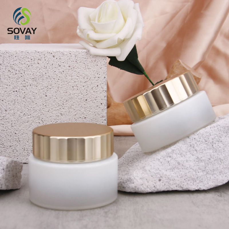SC08 Luxury Custom 5g 10g 15g 20g 30g 50g 60g 100g Unique Gold Electroplated Lid Frosted Clear Glass Jar Serum Cream Body Scrub Glass Cosmetic Jar