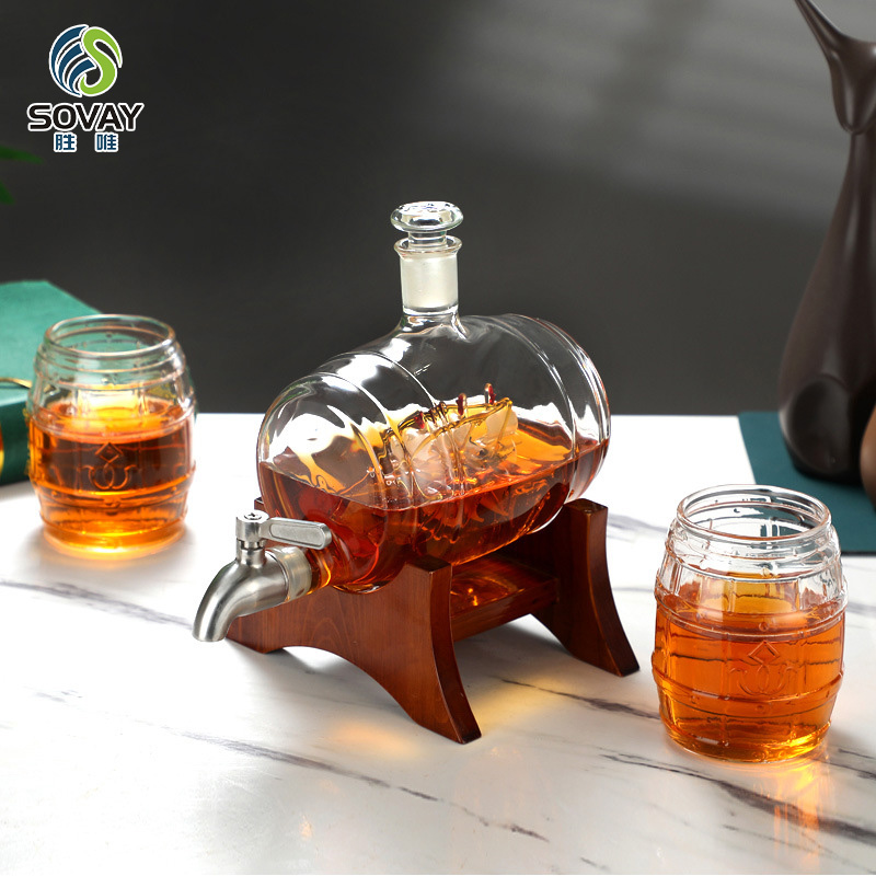 SA17N Factory Directly Sells 850ml 1000ml Cheap Unique Antique Hand Made Blown Barrel Shaped Glass Wine Decanter with Wooden Stand