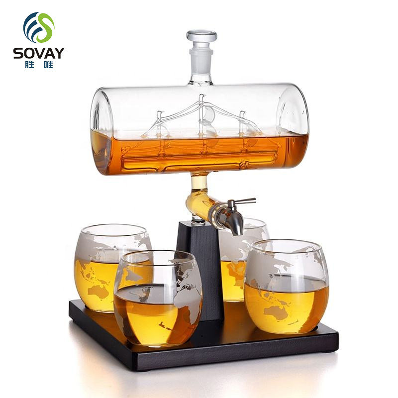 SA06N High Borosilicate 1300 Ml Glass Decanter Set with Glasses Set Barrel Decanter Set with Tumbler Glasses Bar Decanter Bar Ware