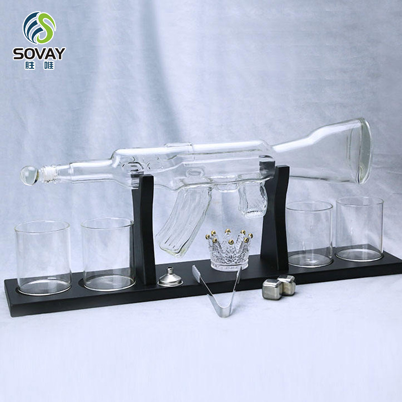 SA04N Perfect Dad Gifts Gun Shaped Luxury Glass Wine Decanter with 4PCS of Glasses Whiskey Set for Bourbon Liquor