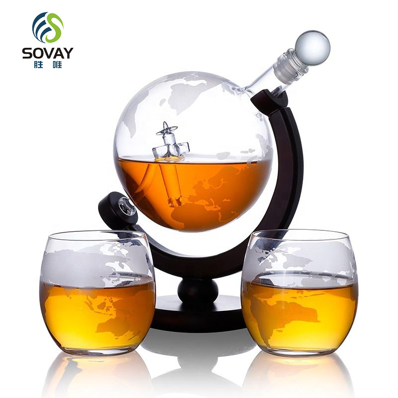 SA02N 930ml Whiskey Decanter Spherical Set with 2 Carved Whiskey Glasses, Suitable for Whiskey, Rum, Tequila, Vodka Gifts