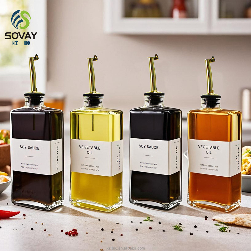 SO09N Clear Square Glass Syrup Dispenser Bottles 350ml 500ml Easy Pour Spout Plastic Cap Free Empty for Olive Oil Syrup