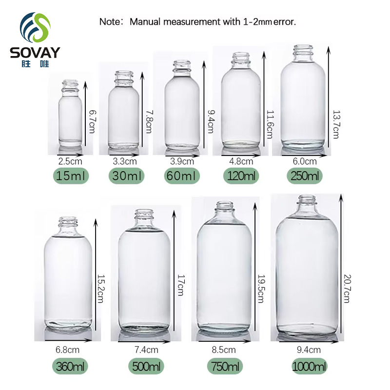SC13N High Quality 15ml 30ml 60ml 120ml 250ml 360ml 500ml 750ml 1000ml Clear Boston Round Beverage Glass Bottle for Kombucha