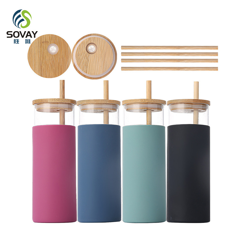 SS03N Top Selling 480ml 500ml BPA Free Straw Cup Silicone Protective Sleeve Glass Cup Glass Tumbler with Bamboo Lid Reusable Straws