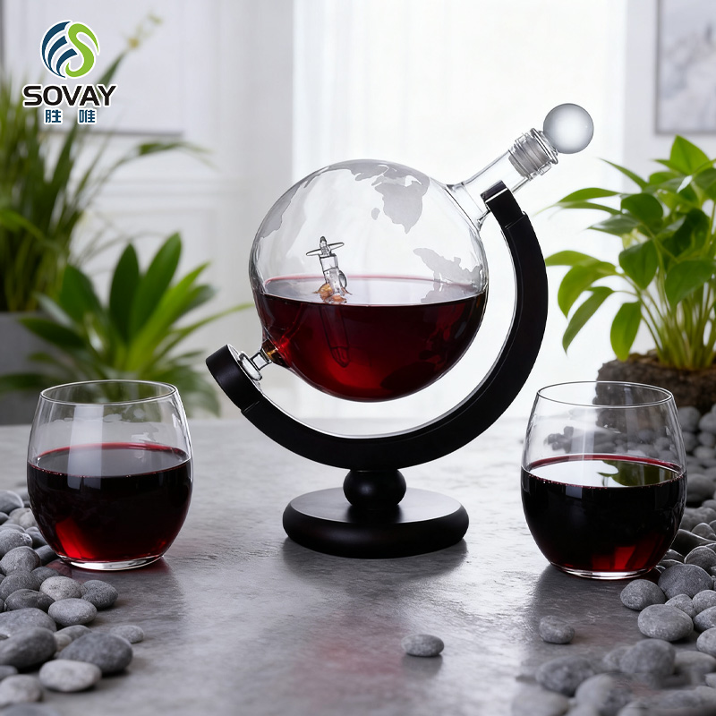 SA02N 930ml Whiskey Decanter Spherical Set with 2 Carved Whiskey Glasses, Suitable for Whiskey, Rum, Tequila, Vodka Gifts
