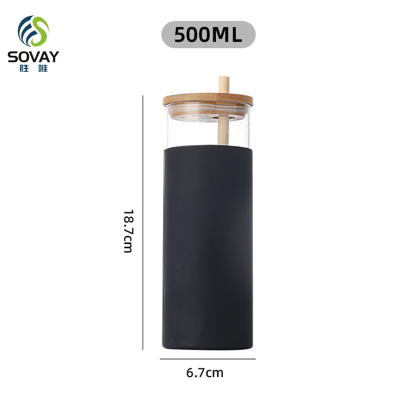 SS03N Top Selling 480ml 500ml BPA Free Straw Cup Silicone Protective Sleeve Glass Cup Glass Tumbler with Bamboo Lid Reusable Straws