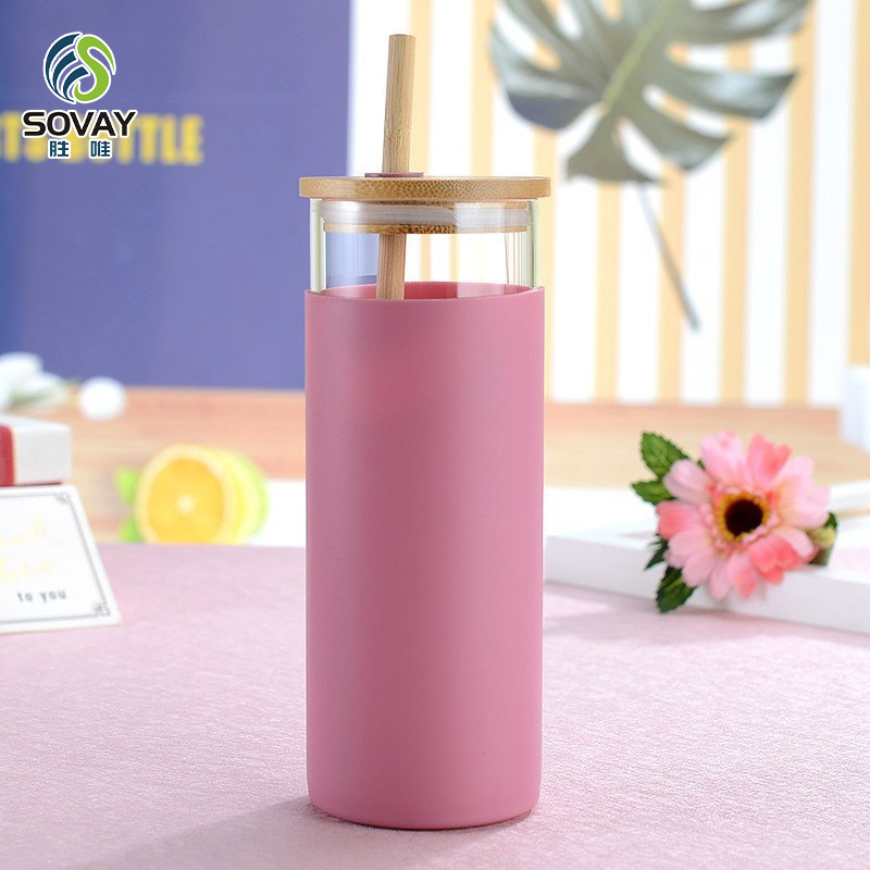 SS03N Top Selling 480ml 500ml BPA Free Straw Cup Silicone Protective Sleeve Glass Cup Glass Tumbler with Bamboo Lid Reusable Straws