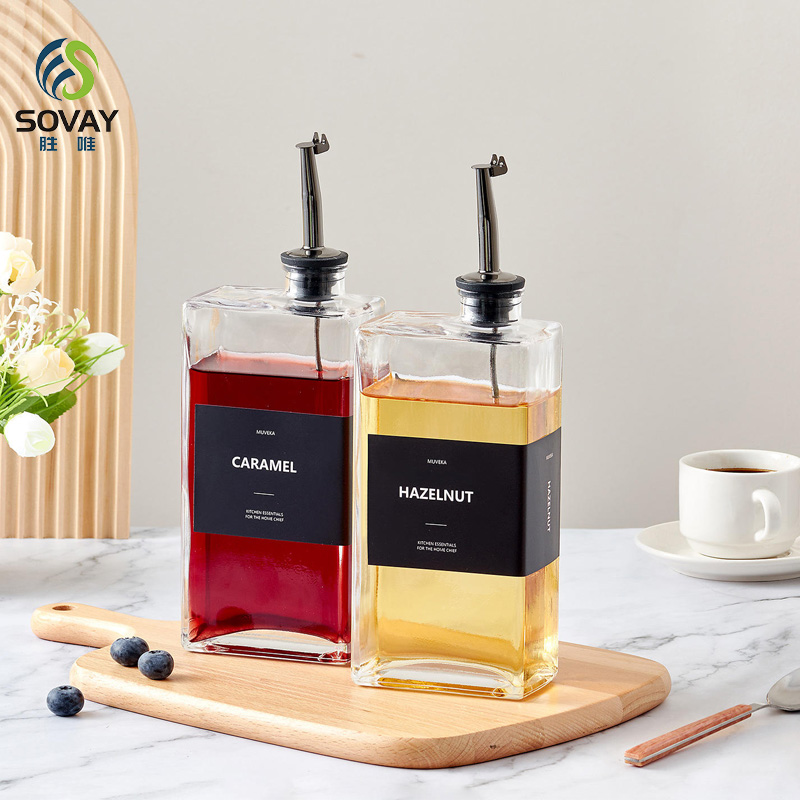 SO09N Clear Square Glass Syrup Dispenser Bottles 350ml 500ml Easy Pour Spout Plastic Cap Free Empty for Olive Oil Syrup